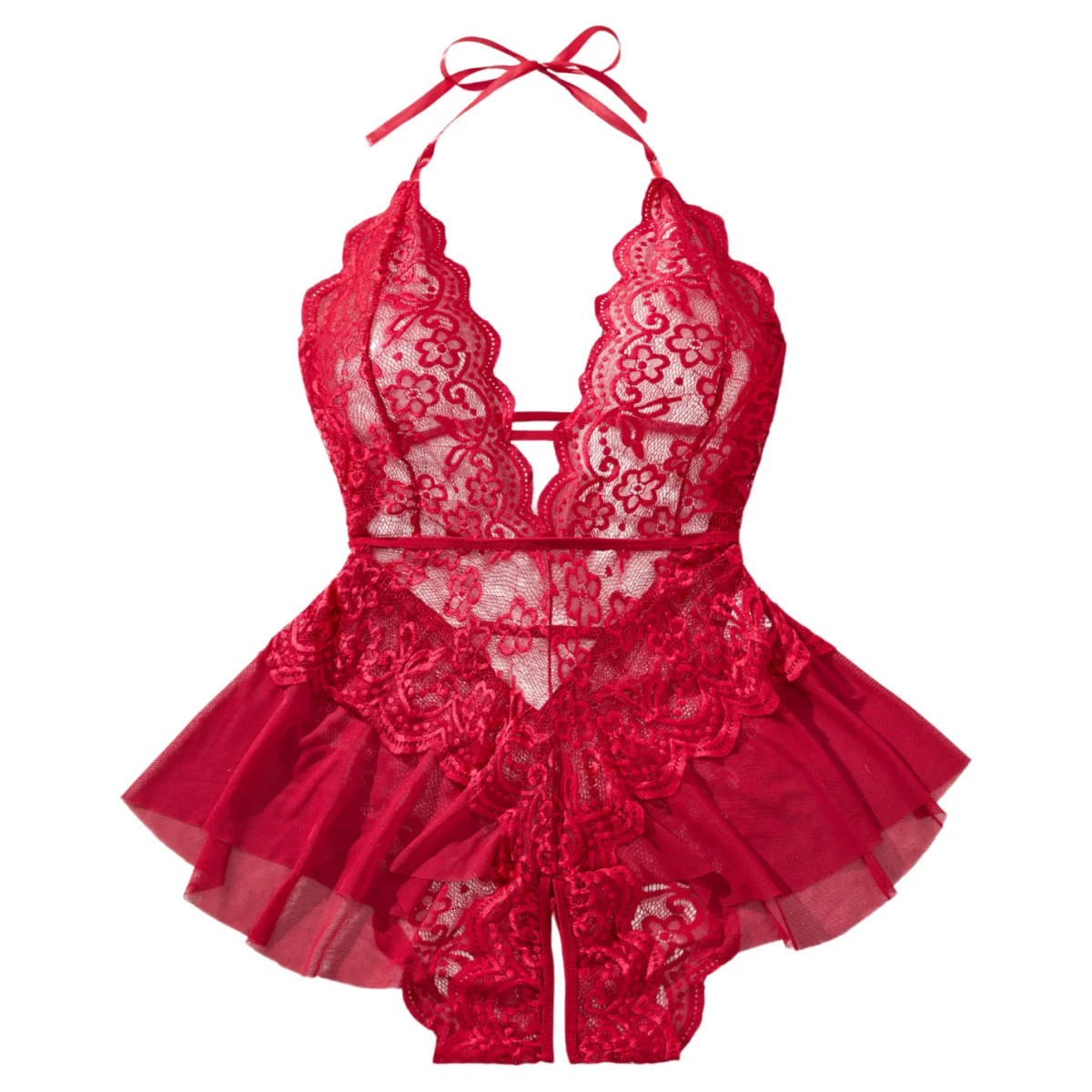 

Plus Size Women's Sexy Crotchless Lingerie Lace Hollow Bodysuit Erotic Pajamas Deep V Open Bra Underwear Teddy Babydoll Dress