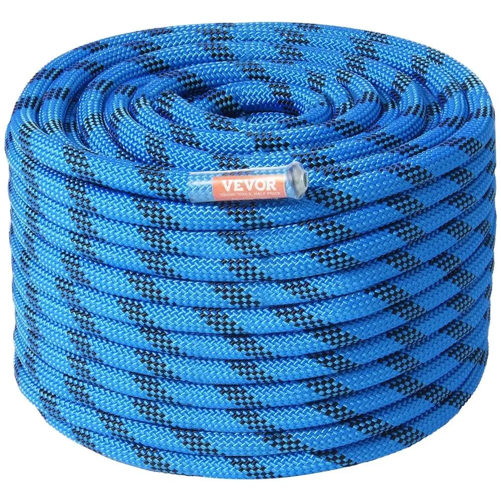 

12.7mm Static Climbing Rope 60.9M 200ft 32KN Breaking Tension Fiber Rope Steel Snap Hooks for escape Rappelling Fire Rescue Blue