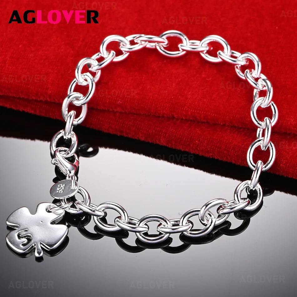 

AGLOVER 925 Sterling Silver Chain Clover Bracelet Women Charm Holiday Gift Party Jewelry