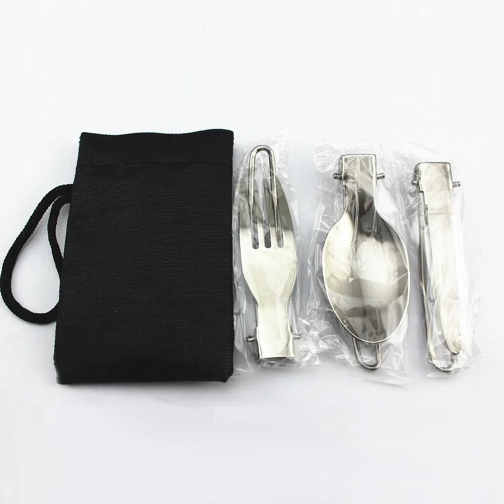 

Outdoor Use Utensil Set Cutlery Set Camping Cutlery Utensil Set Folding Silver Spoon Fork Stainless Steel WIth Bag