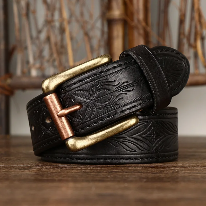 3.8CM Luxury Pure Cowhide Embossing Genuine Leather Men Belt Brass Buckle Belt Cowskin Jeans Belt Designer Vintage Belt for Man