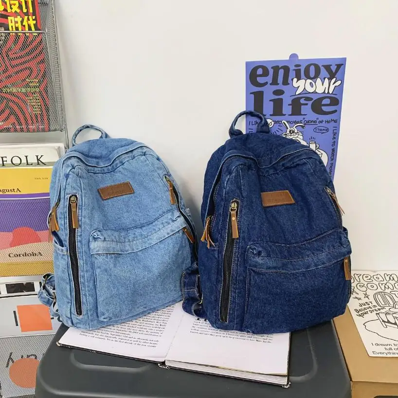 1 Pcs Fashionable New Style Simple And Trendy Backpack Large Capacity Durable Denim Bag Student Bag