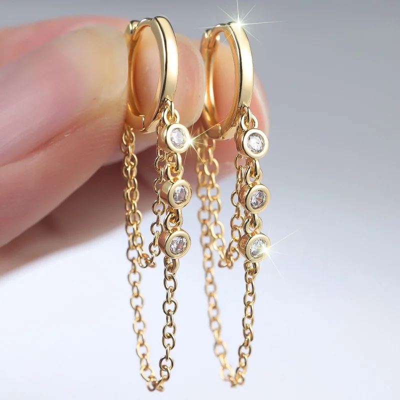 Multi Layer Chain Diamond Studded Tassel Long Earrings for Fashionable Decoration and Face Enhancing Small Jewelry