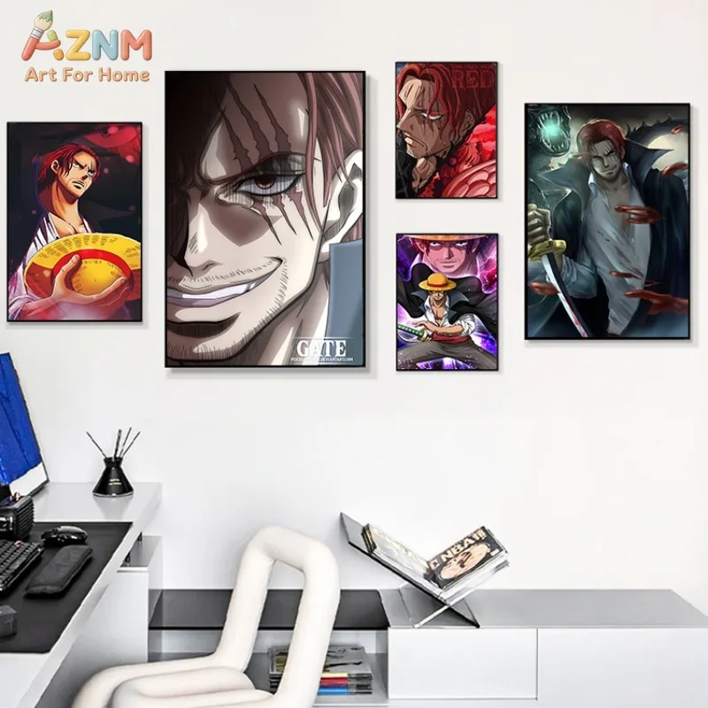 AZNM One Piece Red Hair Shanks Anime Frameless Canvas Wall Art, Cool Yonko Pirate Manga Home Living Room Decor Painting