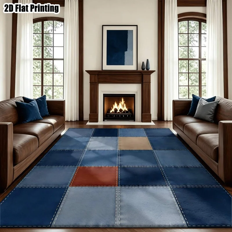 Large Indoor Area Rug, Soft Velvet Low Pile Machine Washable Patchwork Denim Accent Squares Rug for Living Room and Bedroom, Blue with Warm Tones Patterned Indoor Floor Carpet