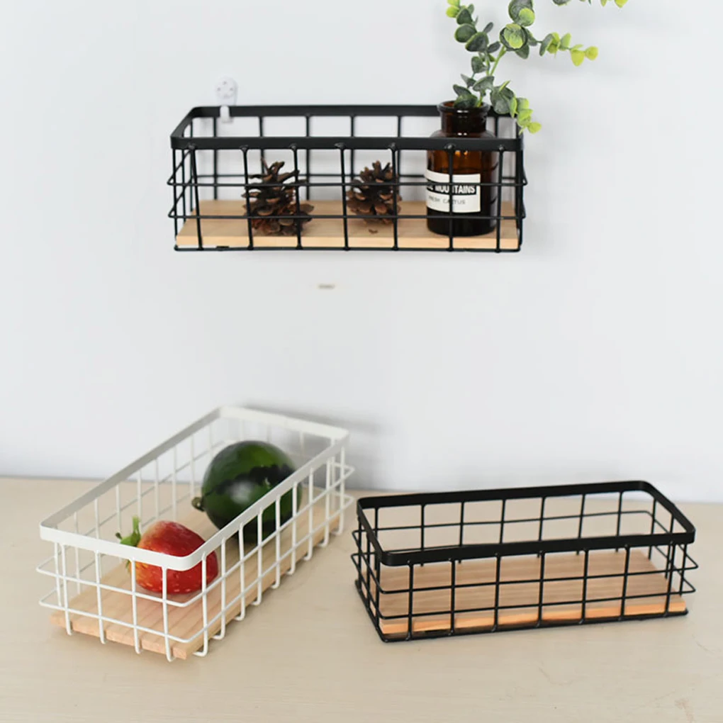 Metal Storage Basket Wood Base Wrought Iron Organizer Decorative Home Tableware Sundries Cosmetics Wall Decorations