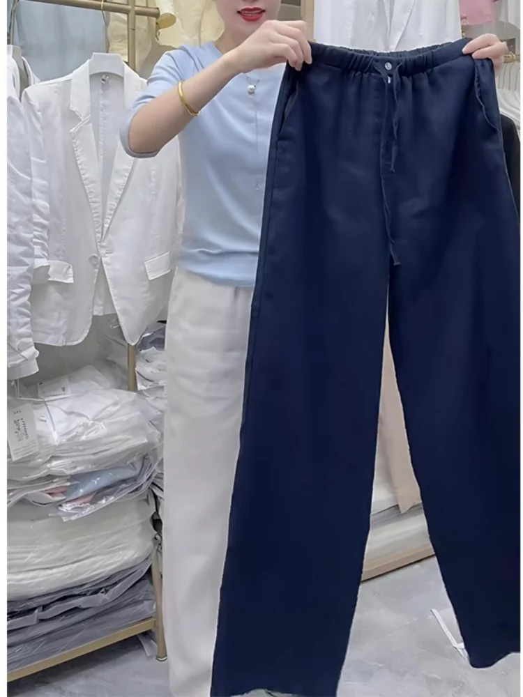 Weiße doppelt gebundene Leinen-Freizeithose für Damen, Sommer, dünn, große Größe, fett, MM, Anti-Aging, schlankmachend, lockere Hose mit weitem Bein