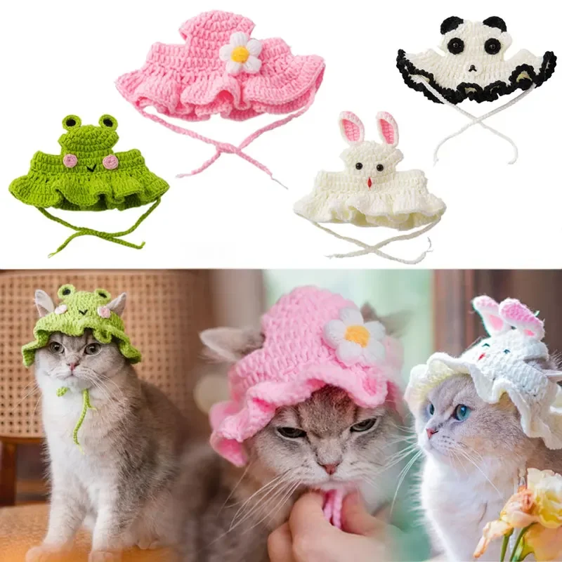 4 Styles Hand-Woven Cats Hats Crochet Rabbit Princess Kitten Caps Festival Photography Props for Cat Accessories