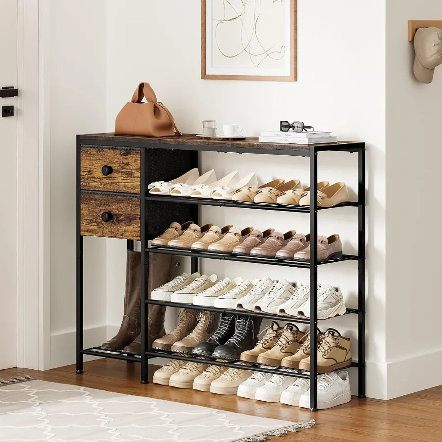 5-уровневая полка для обуви с 2 тканевыми ящиками и металлическим каркасом с дизайном деревянной доски для организации 16–20 пар обуви Идеально подходит