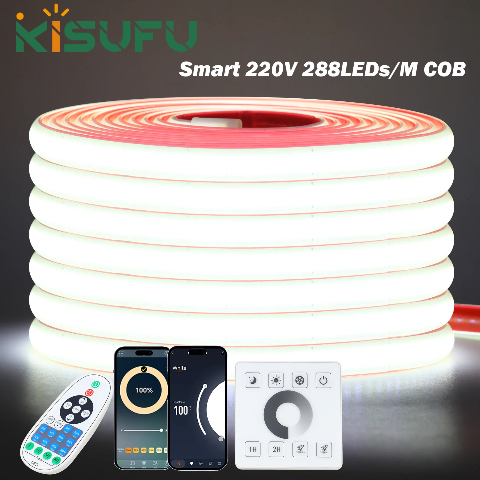 

220 В настенная сенсорная неоновая светодиодная лента COB с регулируемой яркостью, водонепроницаемая умная Wi-Fi Bluetooth комплект, 288 светодиодов/м, яркая клейкая лента 1-35 м