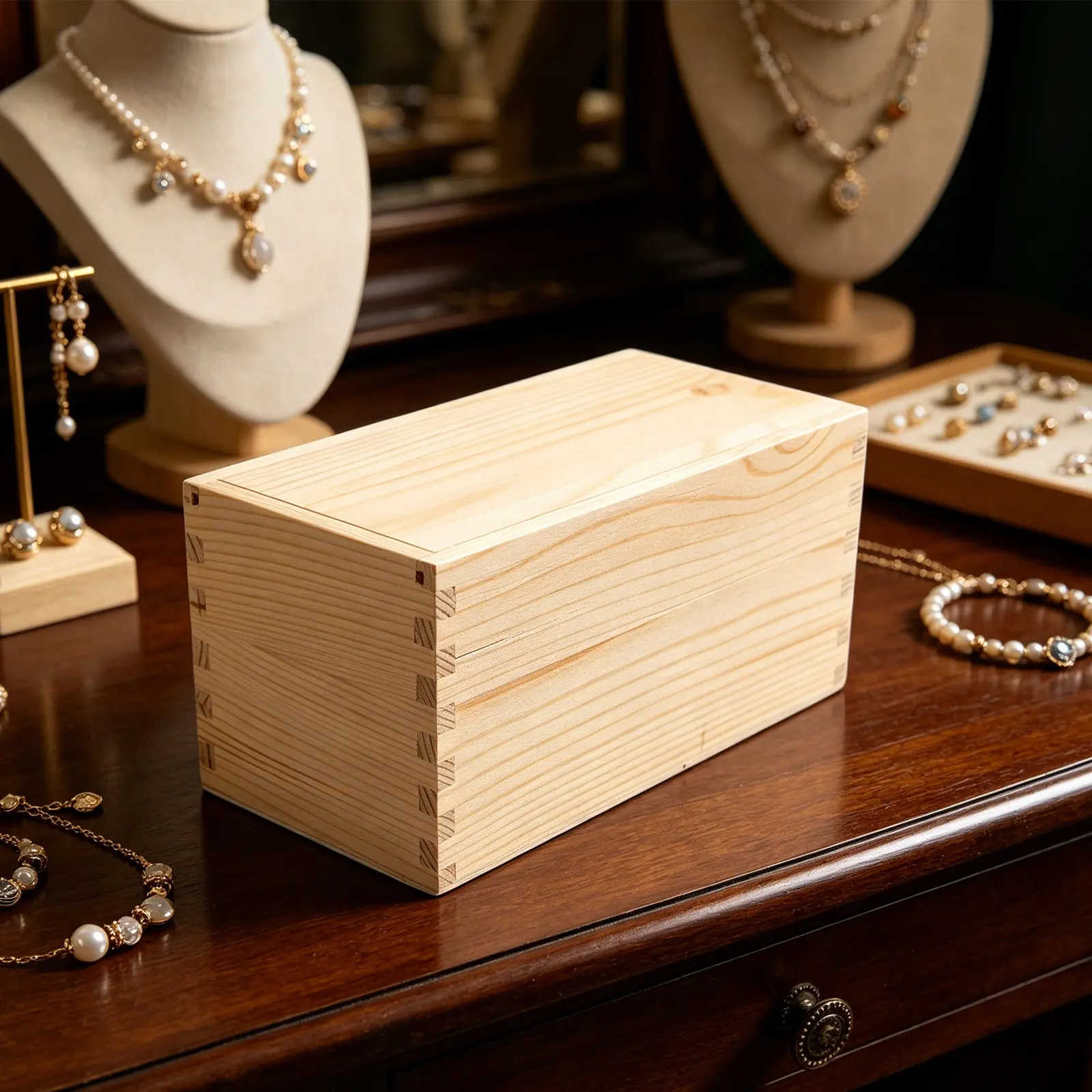 2Pcs Vintage Wooden Jewelry Box Small Slide Lid Decorative Keepsake Storage Case Rustic Wood Necklace Earring Organizer Travel
