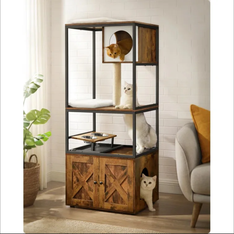 Wooden Cat Cabinet Bedside Table with Cat House & Dog Den,Multi-Functional Pet Furniture for Home,Cat Tree, Pet Bed,Storage Unit
