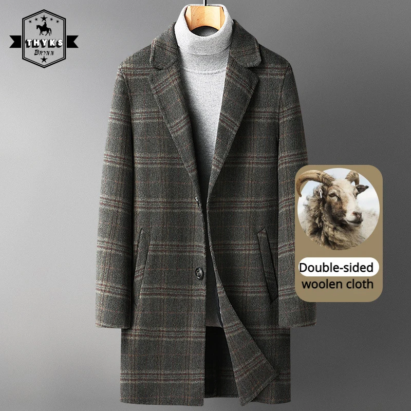 

Men's Light Luxury Double Faced Woolen Coat Korean Warm Mid Length Plaid Business Casual Coat Male Slim Classic Windbreak Jacket