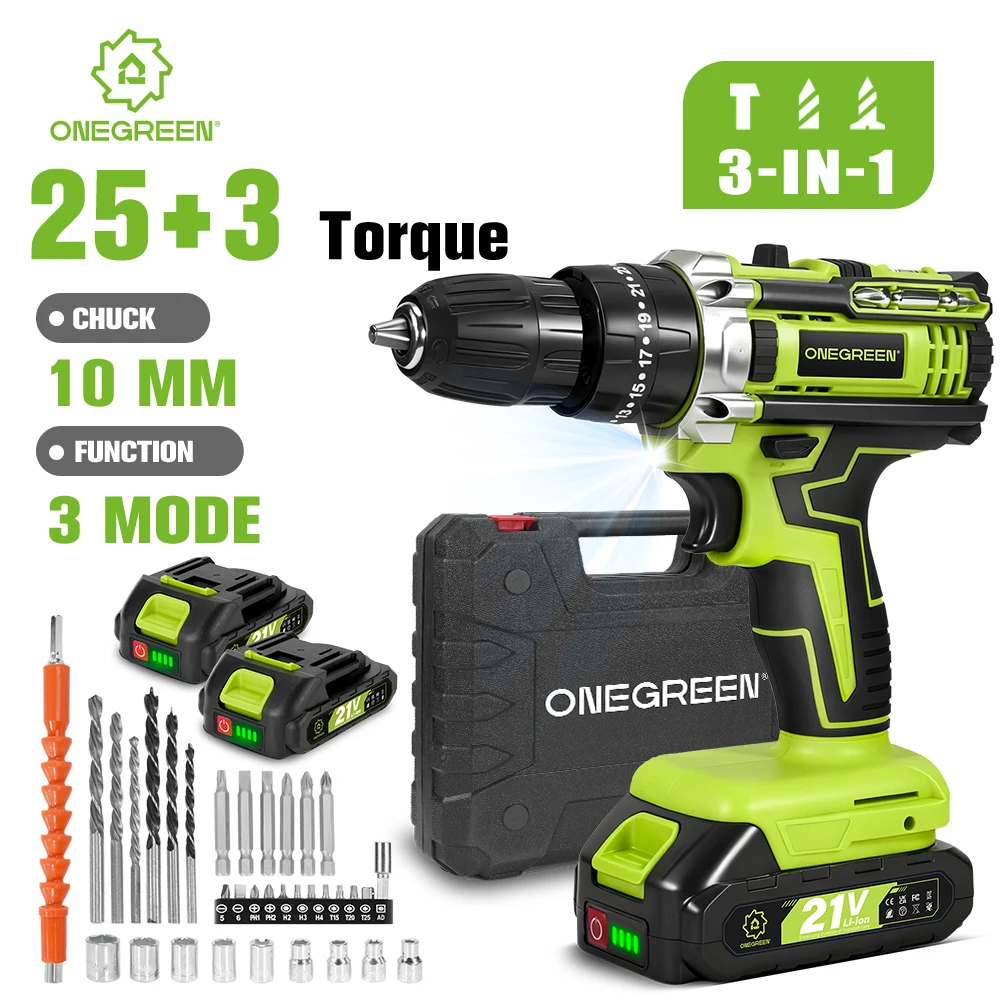 ONEGREEN 25+3 Drehmoment-Elektro-Schlagbohrmaschine, kabellos, 3 Modi, Holz- und Metallbohrschrauber, Elektrowerkzeug für Makita 18V Akku