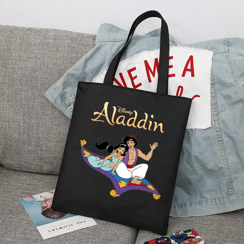 Disney Aladdin Cartoon Fashion Large Capacity Canvas Shoulder Bag Women's Casual Tote Kids Student Handbag Shopping Bags