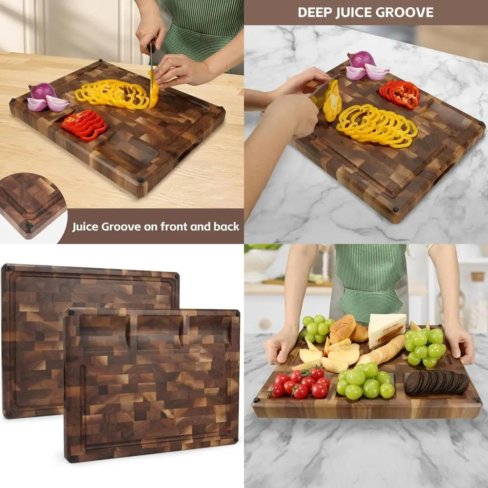 

Двусторонняя разделочная доска из черного ореха 17x13x1,5 с канавками для сока, ручками и нескользящими подушечками — идеальный кухонный подарок