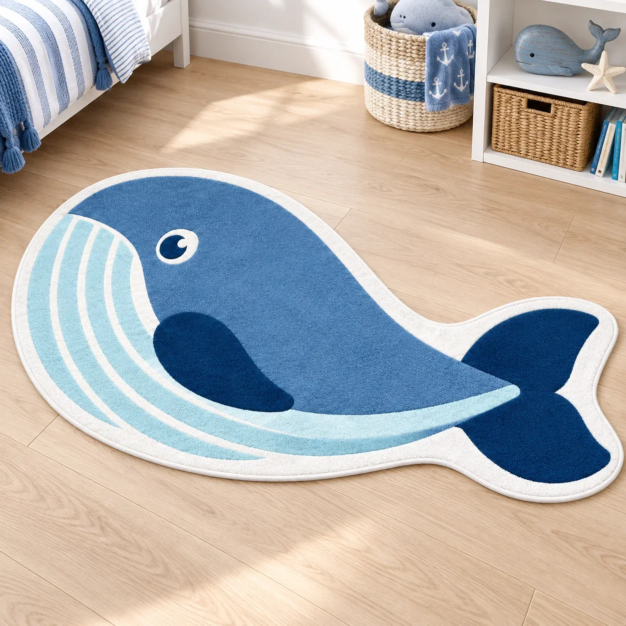 Blue Whale Shaped Area Rug, Ocean Animal Flannel Floor Mat for Bathroom Living Room Pet Mat Coastal Home Decor Gift