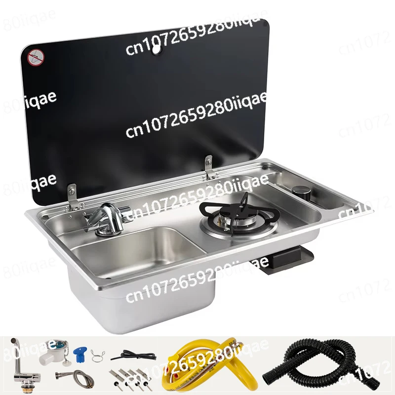 Sink with One Burner Gas Stove Hot/Cold Faucet 304 Stainless Steel Cutting Board for Caravan Motorhome Boat Yacht Kitchen
