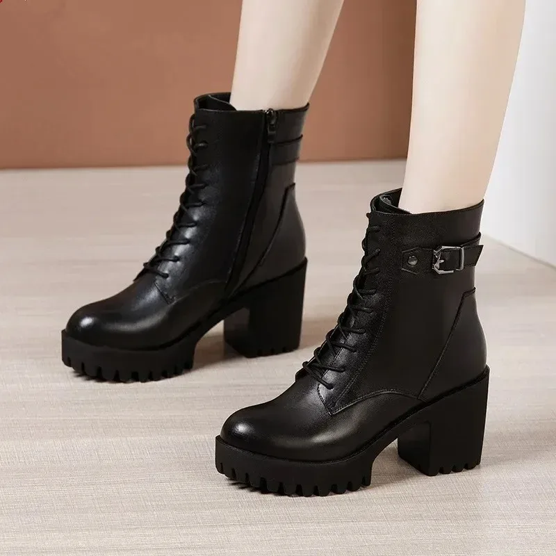 8cm Block High Heel Ankle Snow Boots Women Winter Genuine Leather Platform Shoes with Fur Small Size 32-43 Warm Daily Footwear view 2