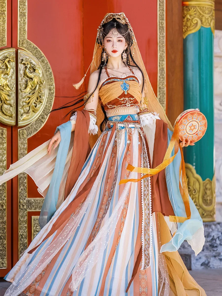 

Princess of Tianzhu Original Dunhuang Exotic Customs Hanfu Soft Female Western Region Goddess Dance Full Set 7PCS Blue Orange