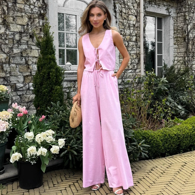 

Tsiisd Fashion Women's Trousers Sets Lace Up Crop Top Wide Leg Pants Casual Outfits Commute Party Summer Matching Sets New 2026