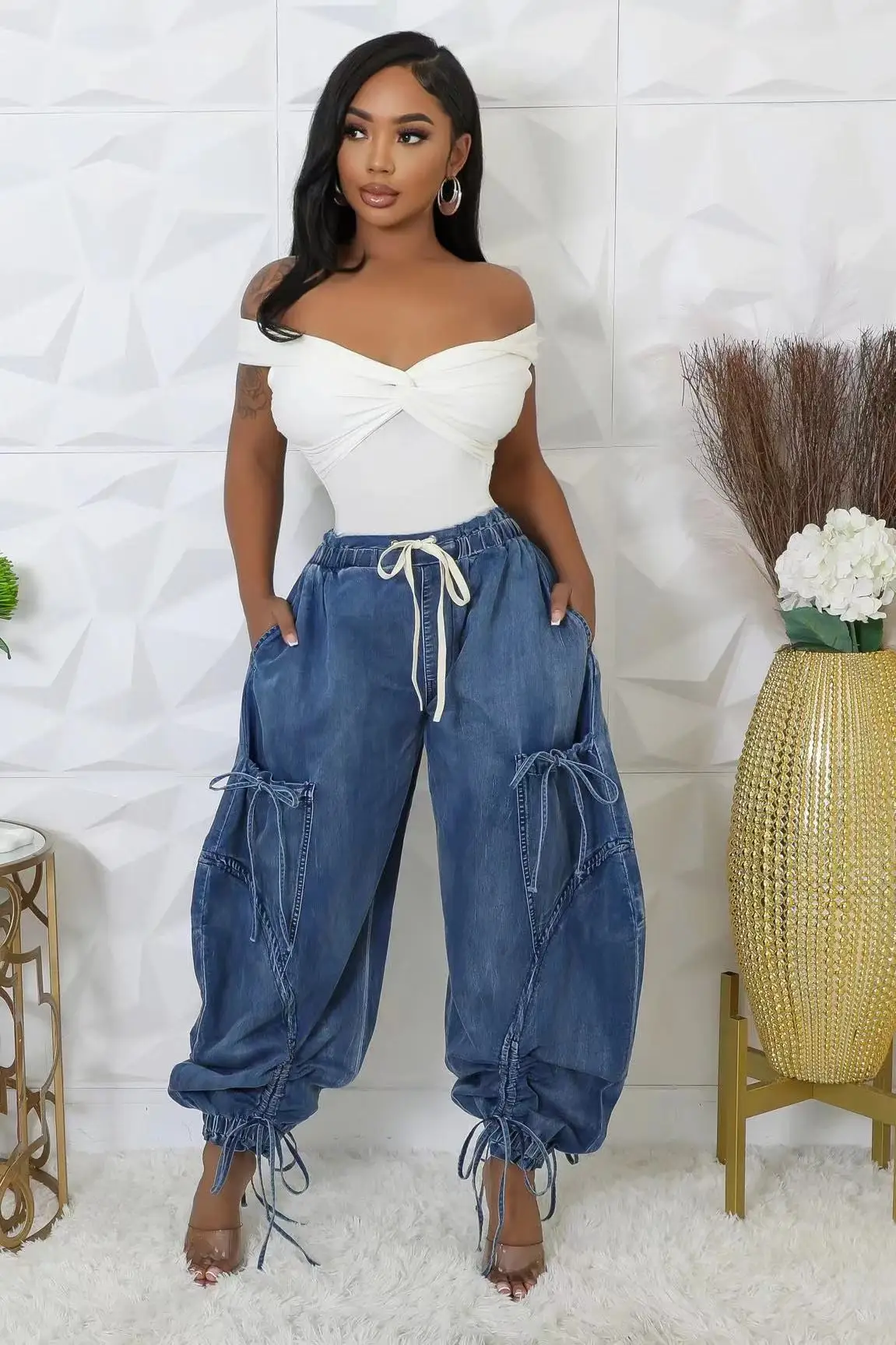 Women Lace Up Wide Leg Jeans Fashion High Waist Patchwork Drawstring Vintage Loose Pant Female Casual Denim Trousers Streetwear