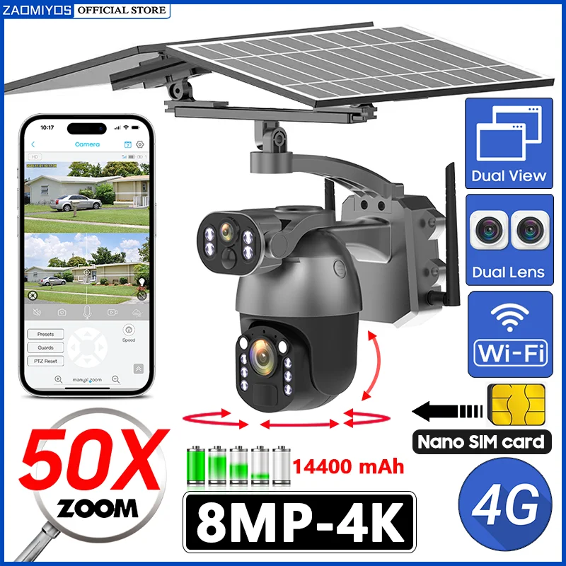 4G SIM 4K 50X Zoom Outdoor Waterproof Solar Camera WiFi Dual Screen PTZ Surveillance Motion Detection Tracking Security IP cam