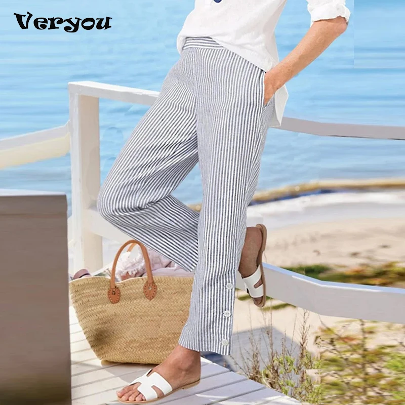 

Летние полосатые брюки с принтом, женские повседневные длинные брюки для женщин, модные брюки полной длины с высокой талией, 2025