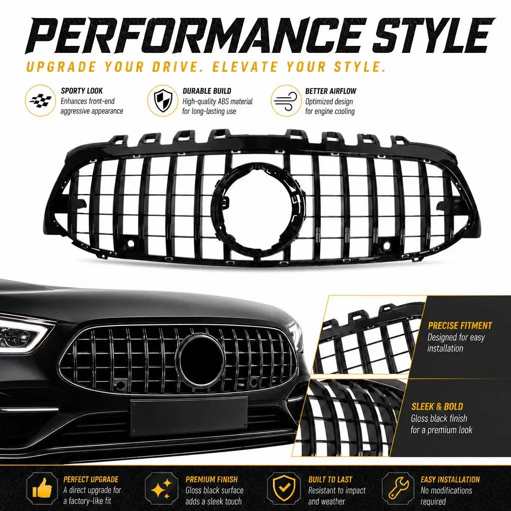 ABS-Frontgrill für Mercedes-Benz A-Klasse W177 A200 A220 2019-2022 Panamericana GT-Stil Hochglanz-Schwarz Grillgitter Motorhaube Stoßstange Kühlergrill Ersatz