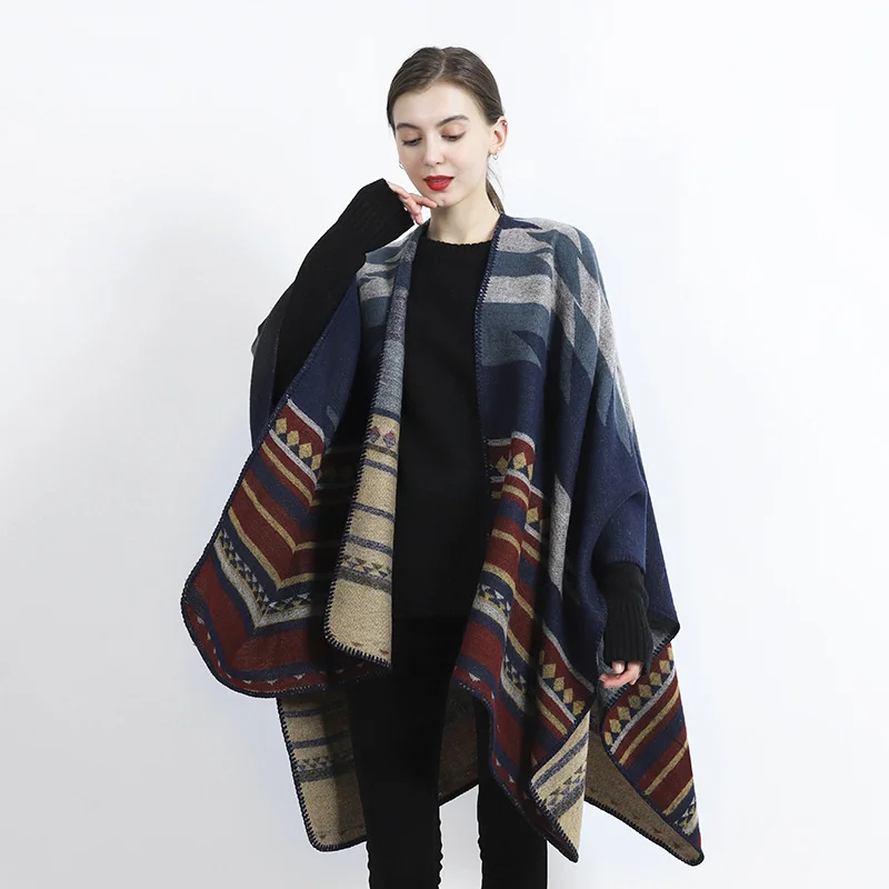 New Poncho Capes Women Winter Scarf Shawl Ladies Vintage Plaid Blanket Knit Wrap Cashmere Female Stripe Poncho