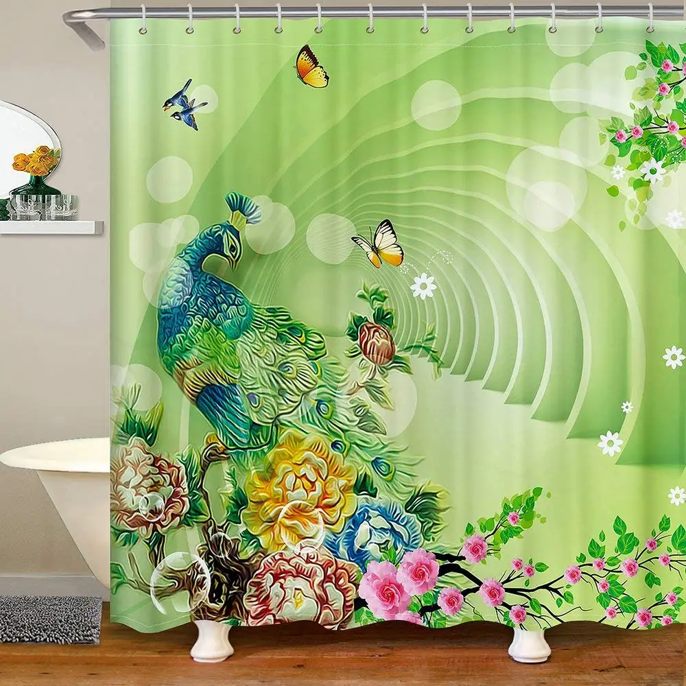 Peacock Shower Curtain Natural Floral Butterfly Bath Curtain Spring Botanical Flower Wild Animal Bathroom Curtains For Girl Teen