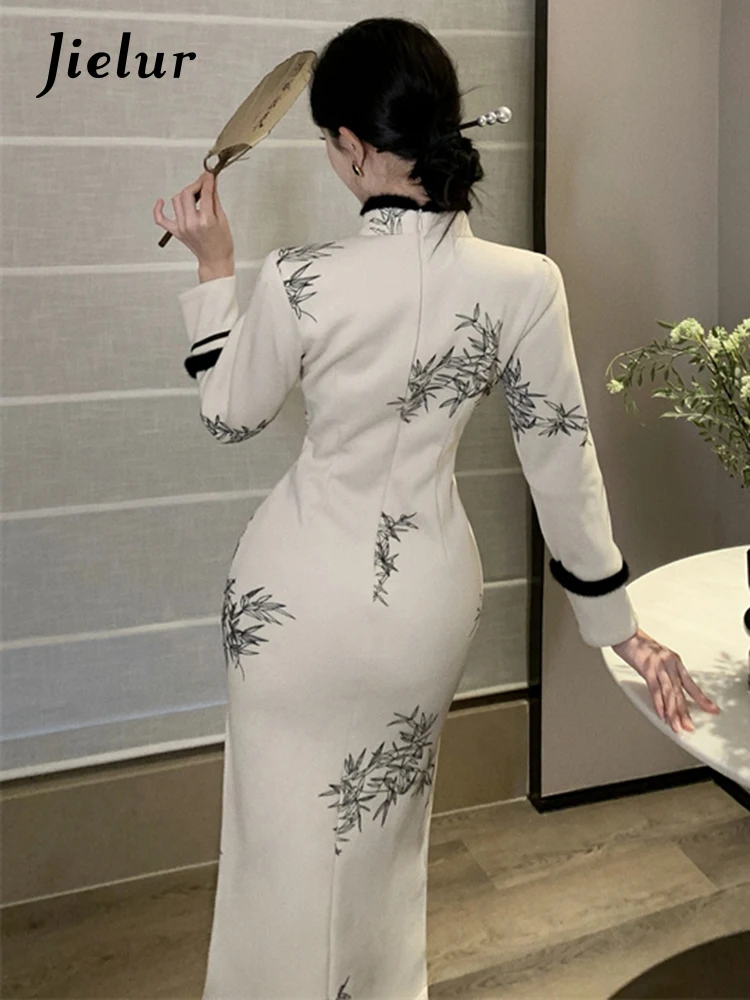 Jielur-Robe imprimée à col montant de style chinois pour femmes, robes à manches longues, mode chic, boutons, sort, document, femme, robe de soirée