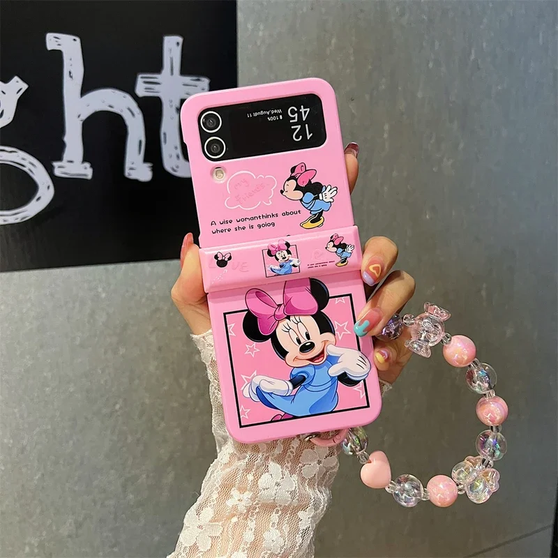 Cute Cartoon Disney Mickey Minnie Mouse Phone Case For Samsung Galaxy Z Flip 6 5 Hard Back Cover For Z Flip 3 4 With Lanyard