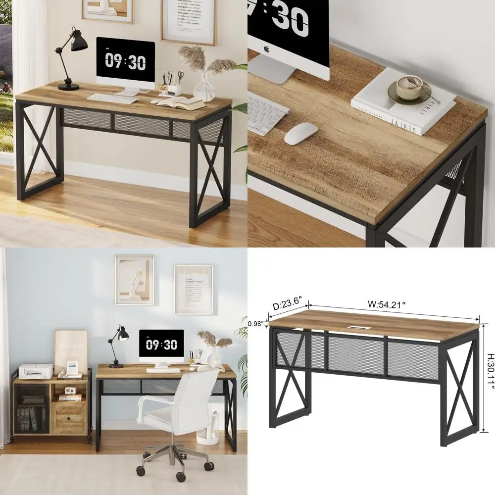 

Modern Industrial Farmhouse Computer Desk, Wood and Metal Home Office Writing Table, Sturdy Gaming Desk for Study