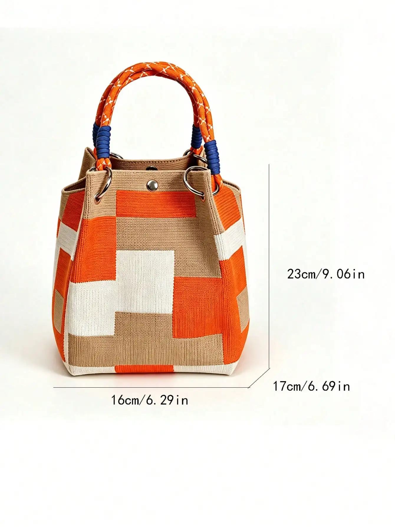 Orange Brown White Plaid Canvas Tote Bag Unique Woven Handle Daily Use Street Style Women Students
