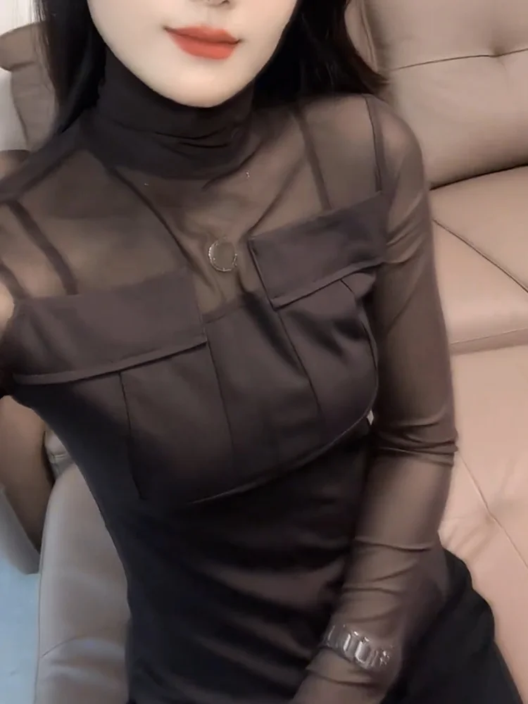 

Ele Me Patchwork Top plus Size Faionable Slimming Versatile Autumn Winter Long Sve High Collar Casual Loose Fit irt