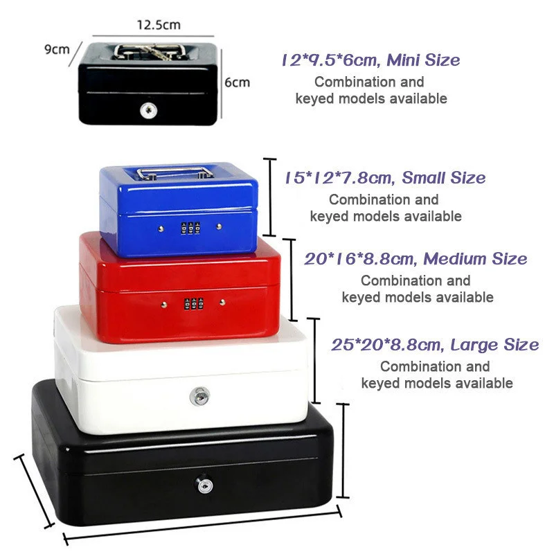 Metal with Handle Key Combination Documents Cash Bank Cards Money Storage Boxes Household Safe Boxes with Plastic Compartment