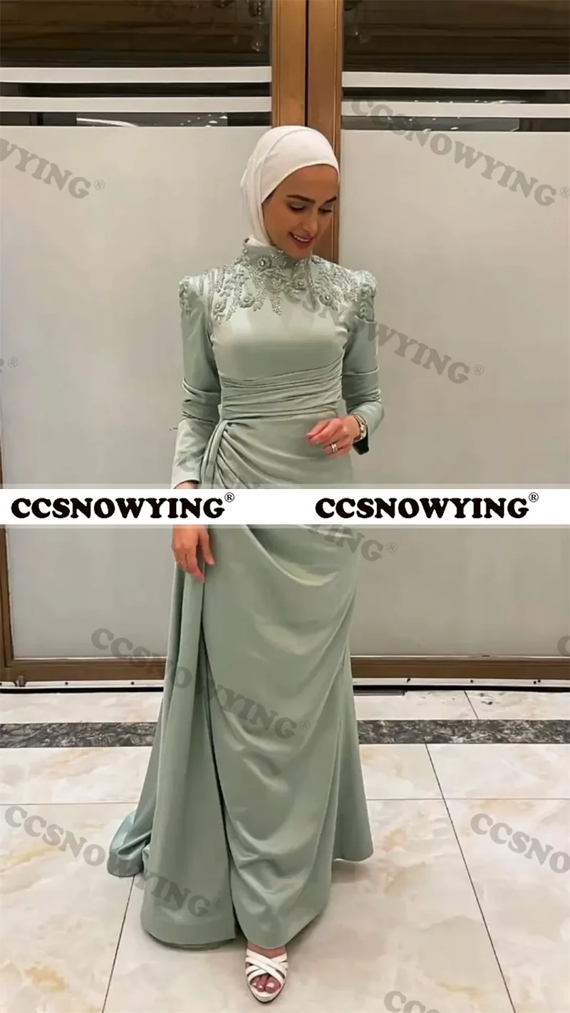 

Satin Appliques Muslim Evening Dress Long Sleeve Hijab Islamic Formal Party Gown Mermaid Women Arabic Kaftan Robe De Soiree