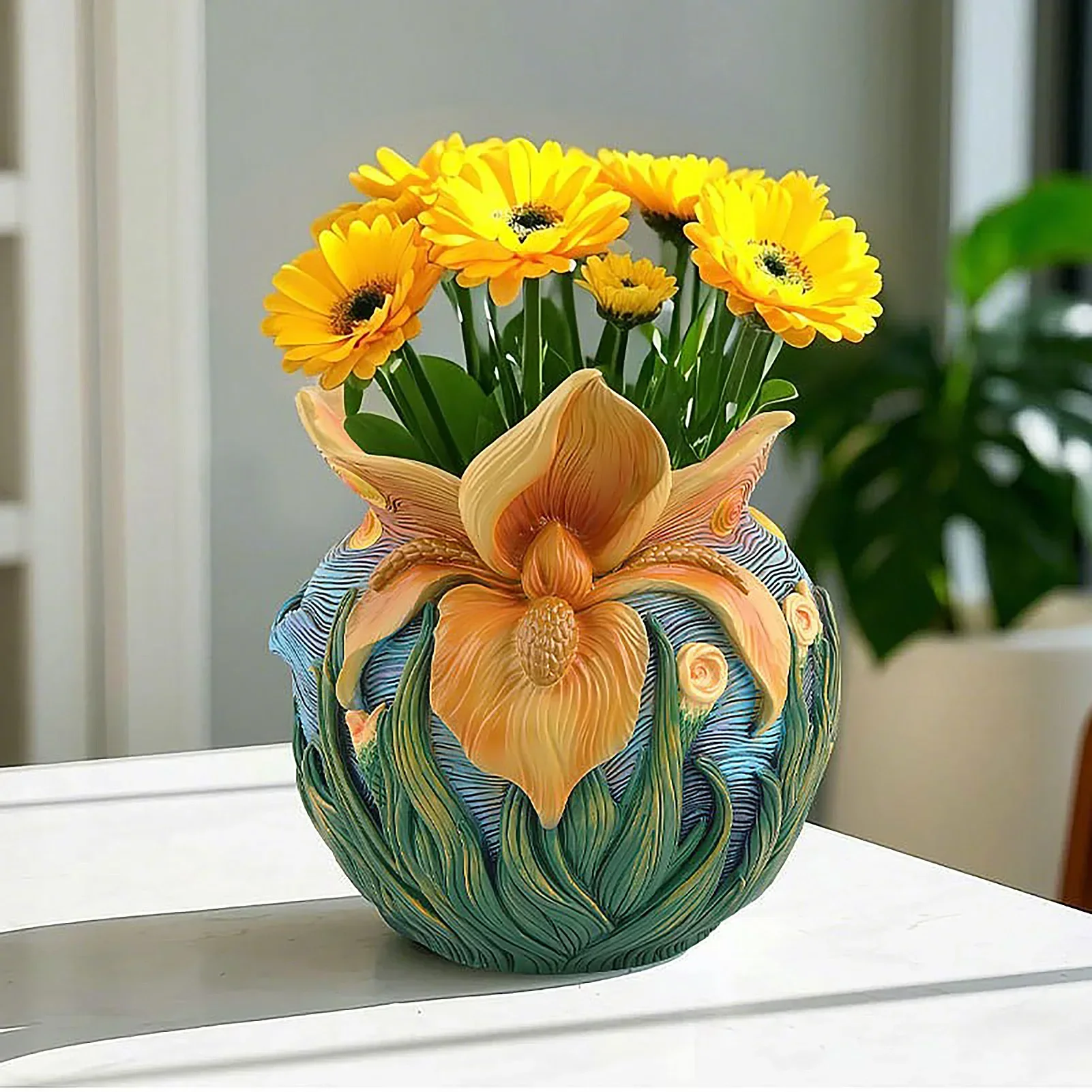 Floral-Themed Resin Flower Pot, Artistic Decorative Planter with Drainage Hole, for Small Plants & Home/Garden Decor
