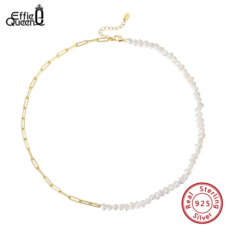 EFFIE QUEEN 925 Sterling Silver 4-5mm Oval Natural Freshwater Pearl Necklace With Paperclip Link Chain Choker Party Gift GPN13