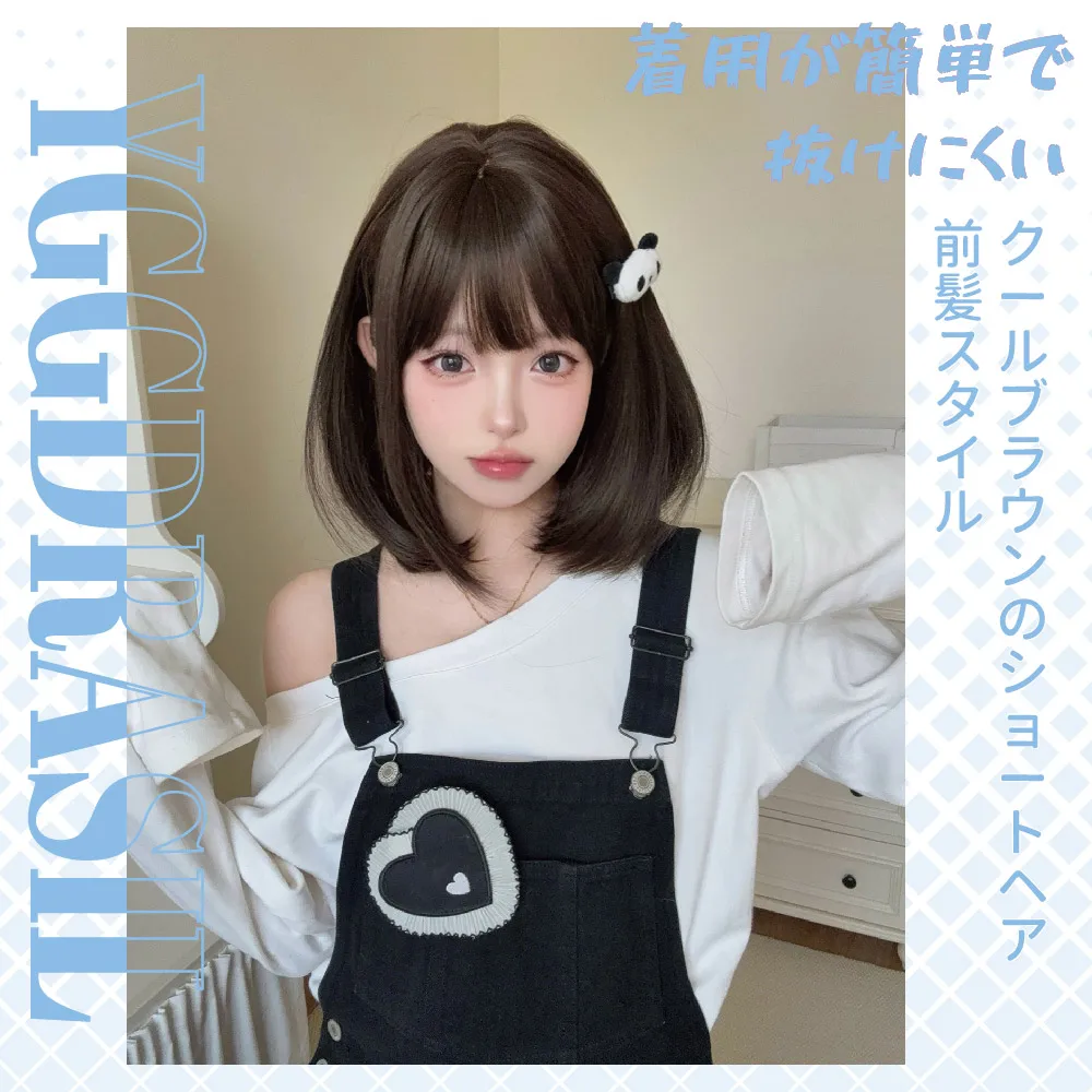 16 بوصة الحلو نمط بارد براون بيروكات صناعية مع الانفجارات قصيرة شعر طبيعي مستقيم شعر مستعار للنساء الاستخدام اليومي حزب مقاومة للحرارة #4