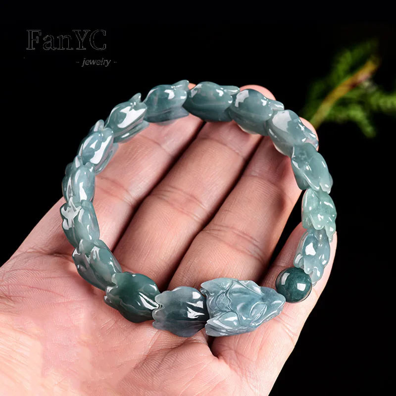 

Genuine Natural Jadeite Blue Water Three-Dimensional Dragon Bone Bracelet High-End Luxury Ice Jade Men's Jewelry Good Luck Charm