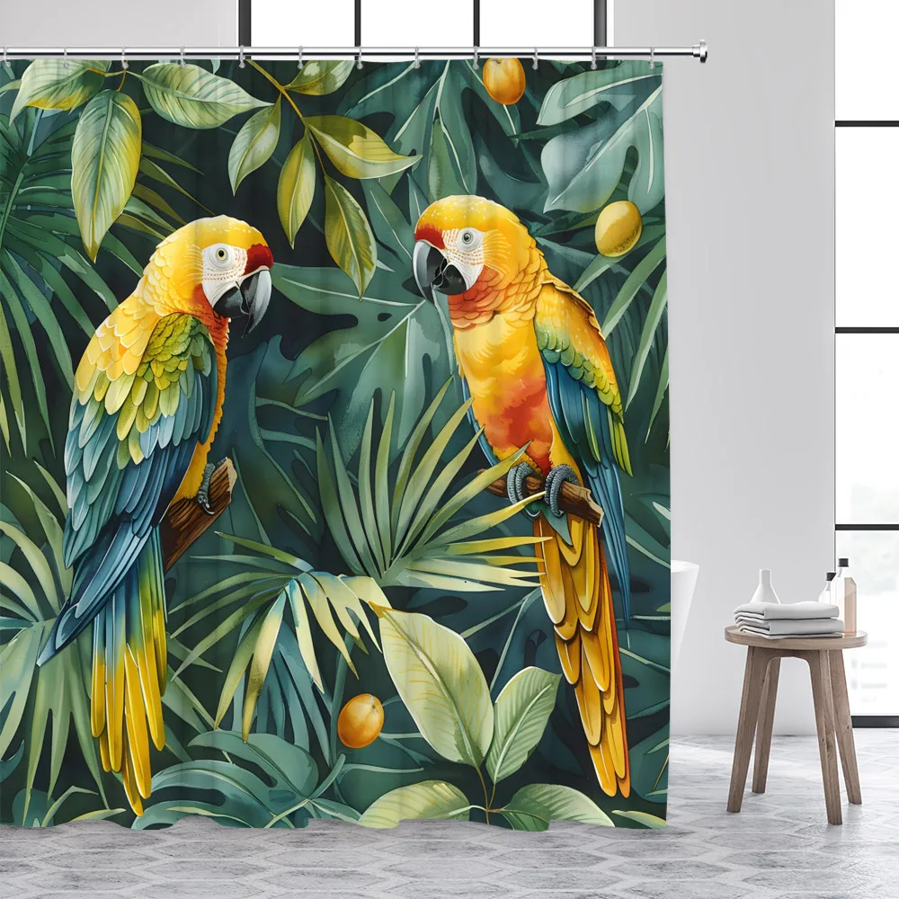 Parrot Shower Curtains Green Tropical Palm Leaves Monstera Birds Watercolour Art Polyester Fabric Bathroom Bath Curtain Decor