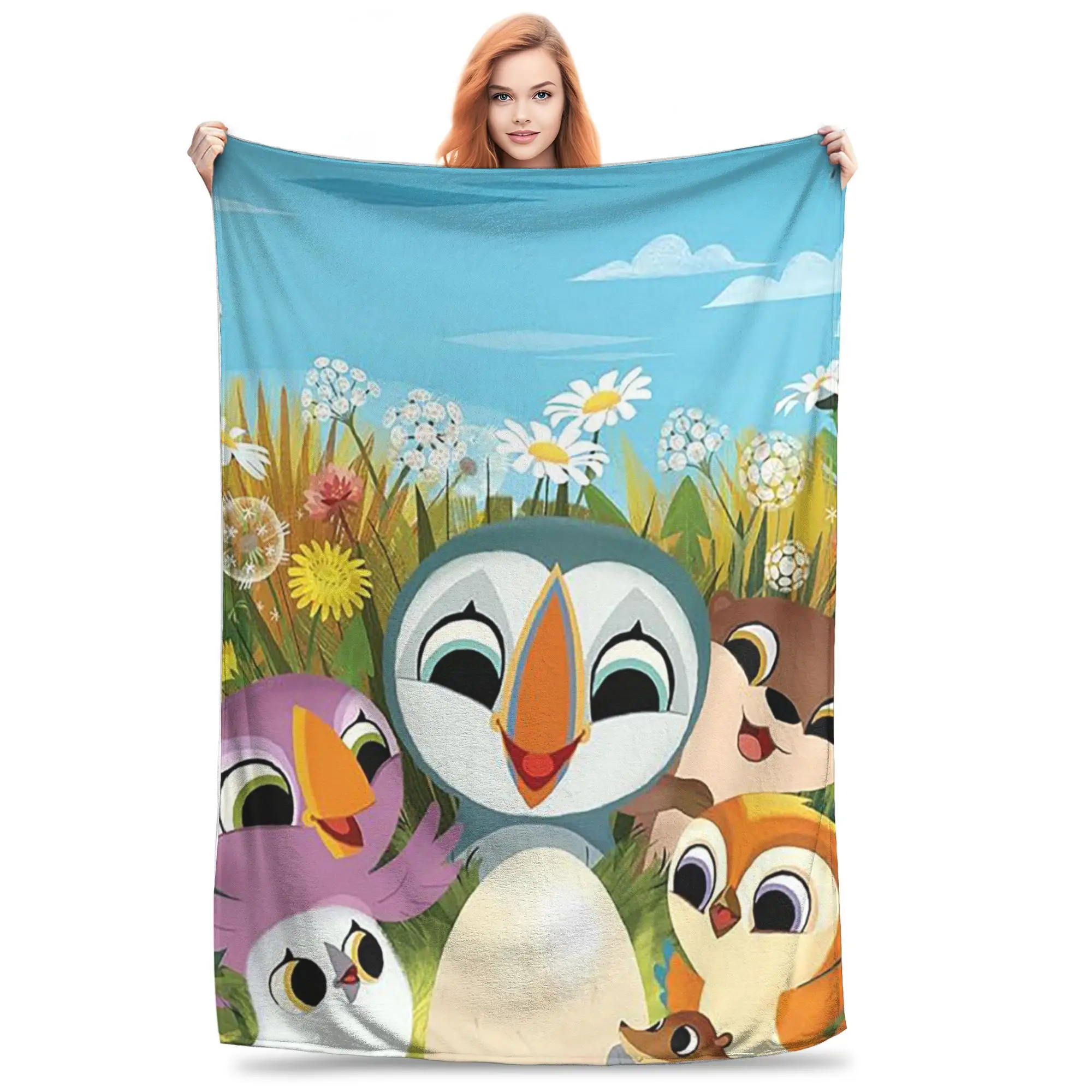Flannel Throw Blanket Puffin Rock Cartoon Warm Plush Blankets Soft Bedspread for Bed Living room Home Travel Couch