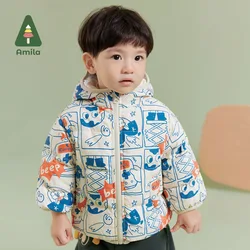 Amila Baby Boy Down Jacket 2024 Winter New Multicolour Hooded Cartoon Pattern Warm Soft  Baby Clothing