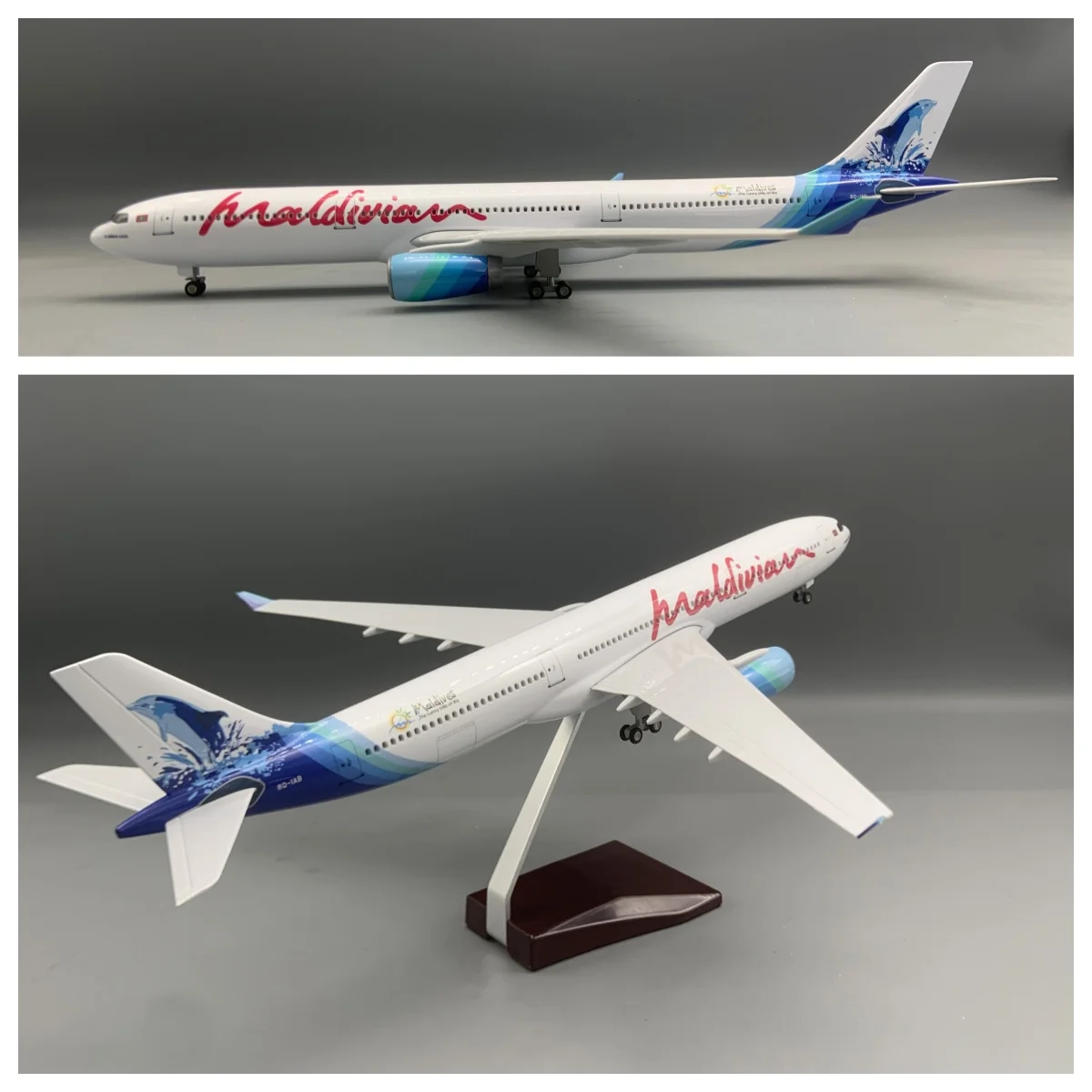 

Модель самолета A330 Maldives Airlines, 47 см, из смолы, с шасси и колесами, светом (сенсорным или звуковым управлением), коллекционная.