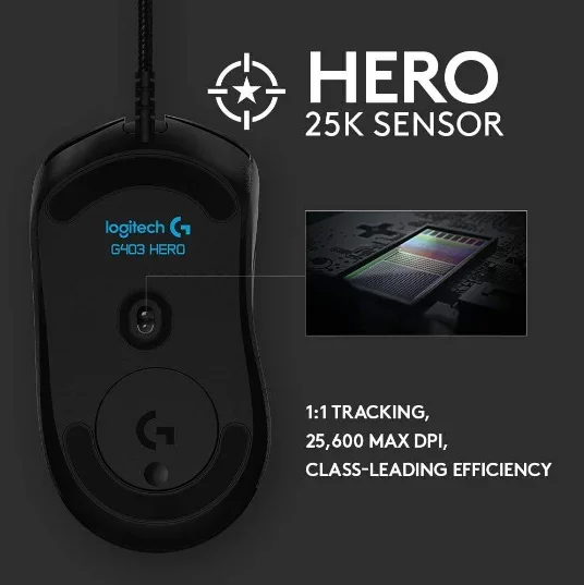 Игровая мышь G403 Hero 25K Lightsync RGB, легкая плетеная мышь с резиновыми боковыми захватами 25600 DPI, Проводная игровая мышь