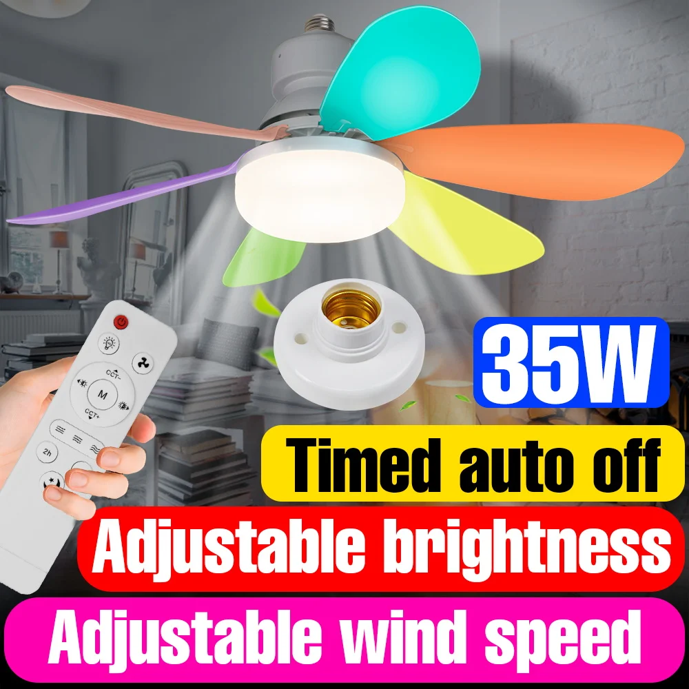 35W LED Fan Light Bulb E27/E26 Ceiling Fan Lamp With Remote Control Dimmable Adjustable Wind Speed Timer For Bedroom Living Room