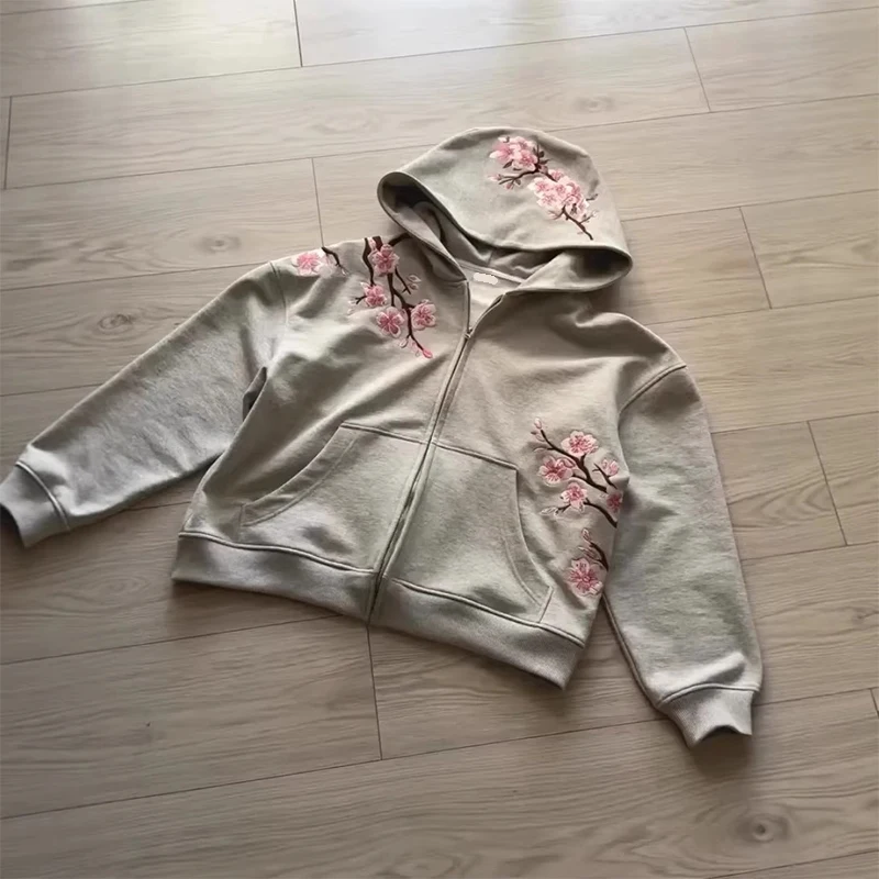 European and American Retro Cherry Blossom Embroidered Hoodie Coat Loose Street Zipped Sports Coat