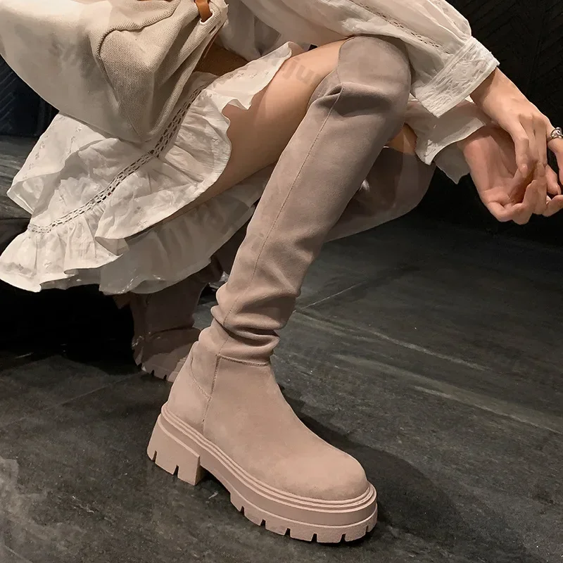 Fashion Platform Knee High Boots for Women Autumn Winter Fashion Slip on Leather Boots Woman Elastic Thick Soled Over Knee Botas